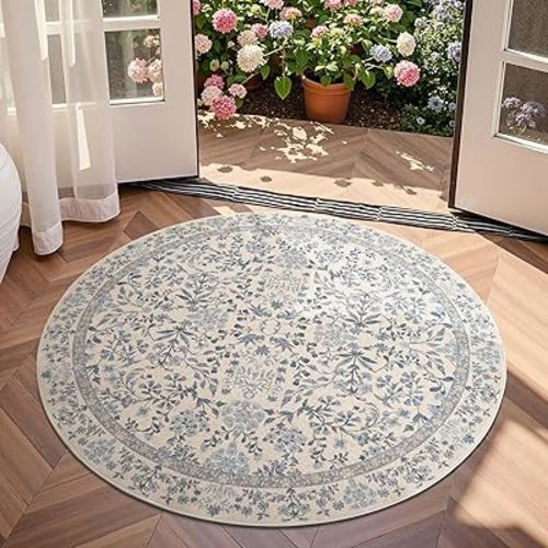 jinchan Zenith Round Rug 4ft Area Rug Soft 4'Round Floral Aesthetic Rug Non-Slip Low-Pile Machine Washable Carpet for Entryway Bedroom Kids Room Kitchen College Dorm Blue/Cream
