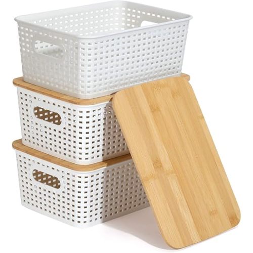 Plastic Storage Bins With Bamboo Lid Pantry Organization and Storage Baskets Containers Lidded Organizer Bins Small Baskets for Shelves Drawers Desktop Closet Playroom Classroom Office, 3 Pack