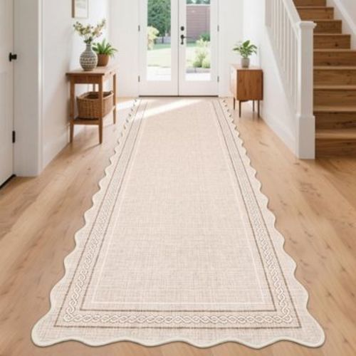 Scalloped Machine Washable Rug for Living Room Non Slip Soft Bedroom Rugs Low Pile Foldable Stain Resistant Carpet for Dining Room