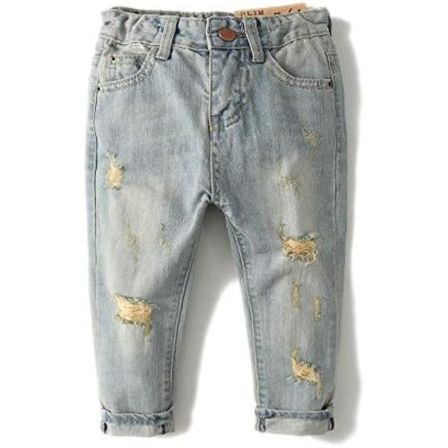 KIDSCOOL SPACE Baby Girl Boy Jeans,Elastic Band Inside with D-Rings Ripped Denim Pants