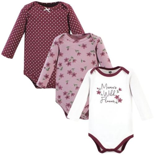 Hudson Baby Infant Girl Cotton Long-Sleeve Bodysuits, Plum Wildflower 3 Pack, 0-3 Months