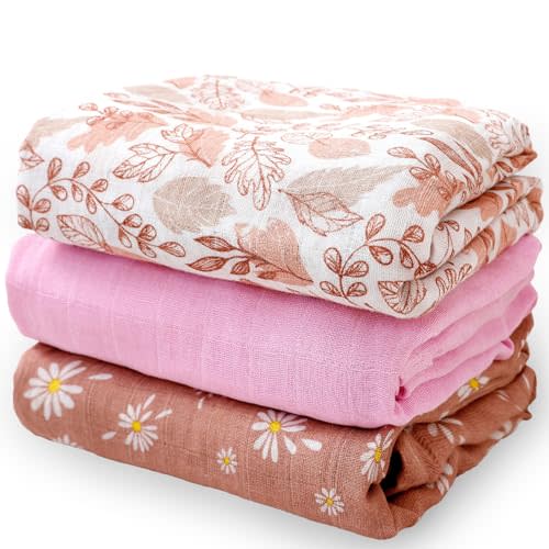 Happy Flute 3 Set Muslin Swaddle Blankets,Essential Baby&Newborn Swaddling,Perfect for Boys&Girls,Receiving Blankets,Nursing,Stroller Cover,Large 47.2x43.3 inches Swaddle Wrap Burping Clothes. (Pink)