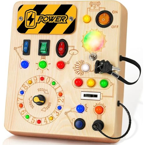 Busy Board, Montessori Toys for 1+ Year Old, Busy Board with 13 Led Light, Wooden Toddler Educational Travel Toy, 1 Year Old Boy&Girl Gifts