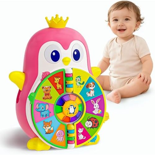 Musical Penguin Educational Toys for 1,2 Year Old Girl Gifts, Bilingual Learning Toy for Toddlers 1-3 Age with 5-Theme Pages, Lights & Music, First Birthday Gift for 1-2 Year Old 12-18 Month (Pink)