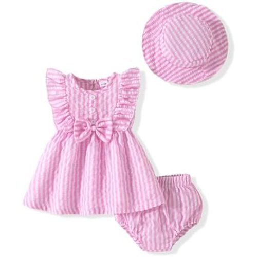 Vibebox Baby Girl Ruffle Sleeveless Bow Dresses Toddler Girl Princess Summer Dress Birthday with Hat and Underwear Outfits