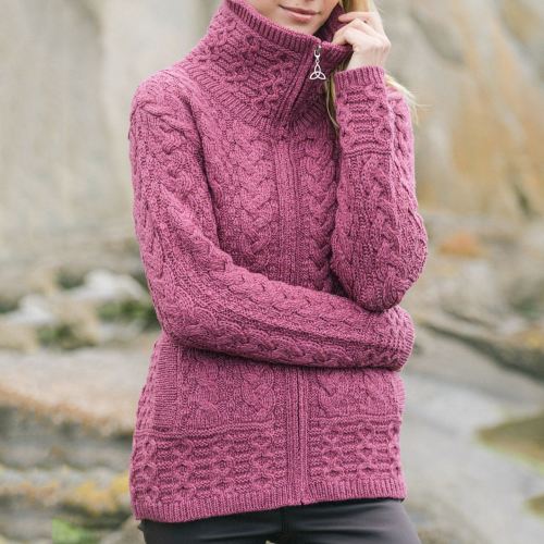 Women's Clan Pattern Zip Turtleneck Aran Sweater Cardigan