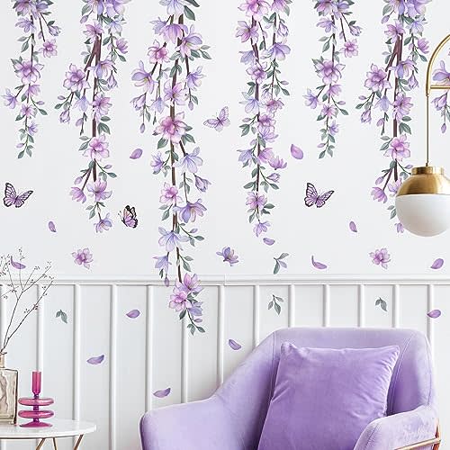 DRWSSR Hanging Creative Removable DIY Purple Flower and Vines Some Flying Butterfly Wall Sticker Waterproof Vinyl Wall Decal Decor for Home Girls Bedroom Kids Room Bedroom Living Room Wall Corner