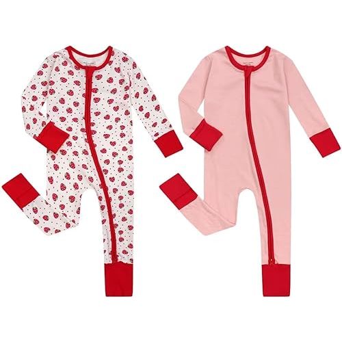 Teach Leanbh Unisex Baby 2 Pack Cotton Pajamas with Mittens and Feet Cuffs 2 Way Zipper Long Sleeve Romper Sleep and Play