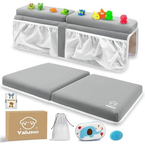 Bath Kneeler and Elbow Rest Pad Set for Baby Bathtub, Thick Non-Slip Bathing Kneeling Mat Cushion Quick Drying Bathtub Knee Saver with Arm Support and Pockets for Bathroom Bathing time Comfort, Gray