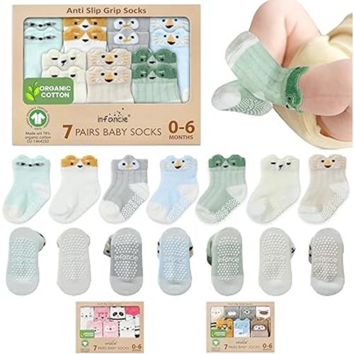 Organic Cotton Baby Socks 0-6 Months Soft Infants, Comfortable and Breathable, Newborn 7 Pair Socks Animal Design