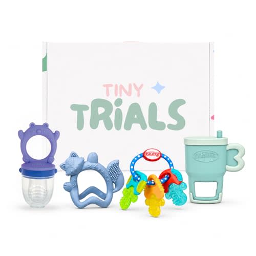 Teether Trial Pack Variety Box for Babies – 4 Baby-Safe Teething Toys & Sensory Teethers for Teething Relief (Nuby, Lansinoh x b.Box, Dr. Brown's) – Baby Registry Must-Have, Tiny Trials