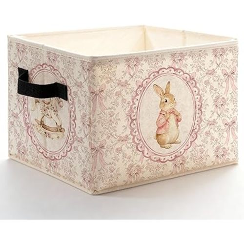 Pink Bow Floral Bunny Nursery Storage Bins Box with Handles, Rustic Flower Rocking Horse Rabbit Foldable Basket Toybox for Toddler Girls Bedroom Bathroom Playroom Clothes Toys Books