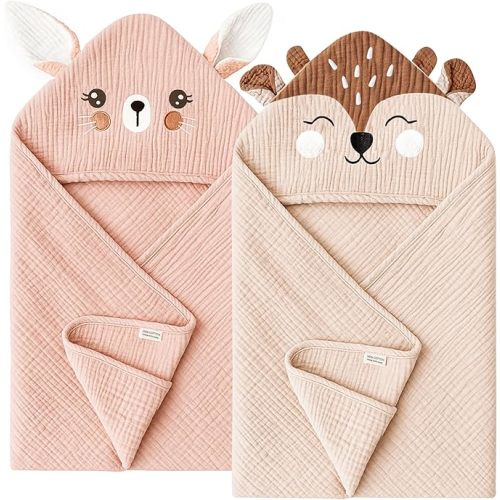 Konssy 2-Pack Muslin Baby Hooded Towels, 100% Cotton, Soft and Absorbent Baby Bath Towels for Newborn, Infant & Toddler with Animal Hooded Design(Bunny & Deer)