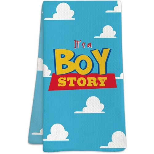“It‘s a Boy” Baby Shower Kitchen Towels - Cartoon Blue Sky & Clouds Print, 16x24 Inch Reusable Dish Towels, Newborn Gift Set, Nursery & Kitchen Decor for Baby Boy (A05)