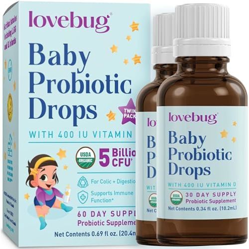 LOVEBUG Award Winning USDA Organic Probiotic for Infants & Babies 0-12 Months | Helps w/Colic, Reflux, Diarrhea, Constipation & Gas | Multi-Strain 5 Billion CFU | Liquid Drops (60 Days Supply) - 20ml