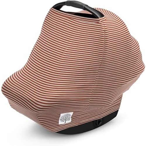 Parker Baby 4 in 1 Car Seat Cover for Girls and Boys - Stretchy Carseat Canopy, Nursing Cover, Grocery Cart Cover, High Chair Cover - “Clay/Alpaca Stripes”