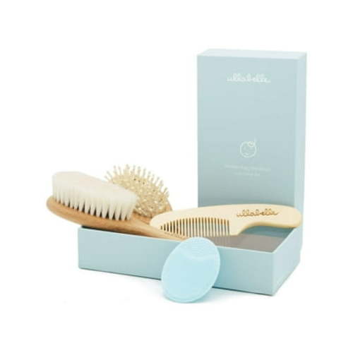 Ullabelle 4 Piece Wooden Baby Hair Brush and Comb Set for Newborns & Toddlers in Chic Gift Box - Ultra Soft Natural Goat Hair and Wood Baby Brush Set Prevents Cradle Cap - Perfect Registry Gift (Blue)