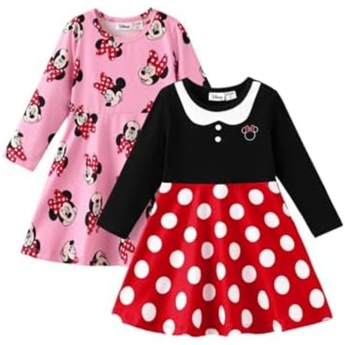 Disney Frozen Elsa Stitch Princess Minnie Mouse Toddler Girl Dresses 2 Pack Ruffle Long Sleeve Dress Set (3 Months - 6 Years)