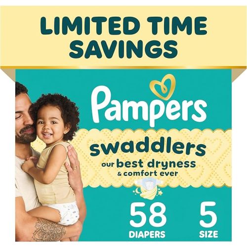 Pampers Swaddlers Diapers, Size 5 (20-37 lbs), 58 Count, Hypoallergenic, Absorbent, Keeps Baby Dry and Comfortable, Skin Safe Disposable Baby Diaper