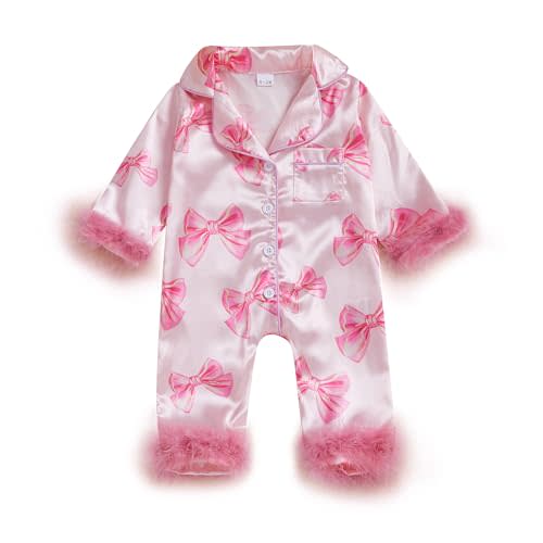 Babieshouse Baby Girl Silk Satin Pajamas Striped Bow Feather Trim Button Down Romper One Piece Jumpsuit Newborn Pjs Sleepwear
