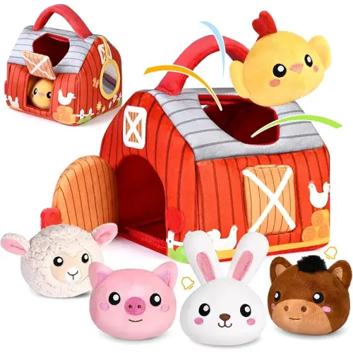 Baby Toys 0-6 6-12 Months, Plush Big Red Barn with Farm Animals, Soft Sensory Toys with Crinkle, Rattles for 0-3-6-9-12 Month Newborn Infant, Christmas Easter Birthday Gifts for Baby Boys Girls