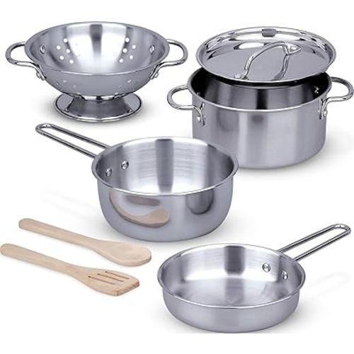 Melissa & Doug Stainless Steel Pots & Pans, 8 Piece Play Kitchen Set, Premium Play Kitchen Accessories & Cooking Utensils, Preschool Toys for Kids 3+
