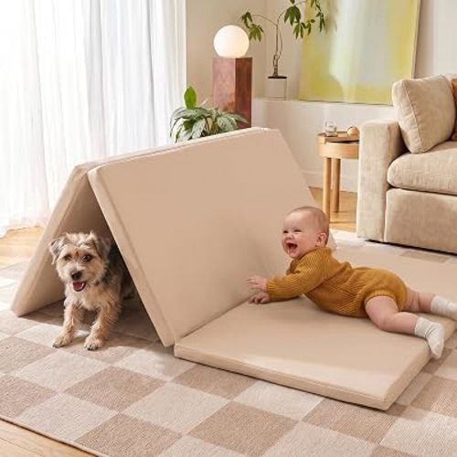 Mallify Foldable Baby Play Mat, 50''x50'' Waterproof Thick Foam Vegan Leather Playpen Mat for Infants and Toddlers, Portable Baby Mat for Floor, Beige