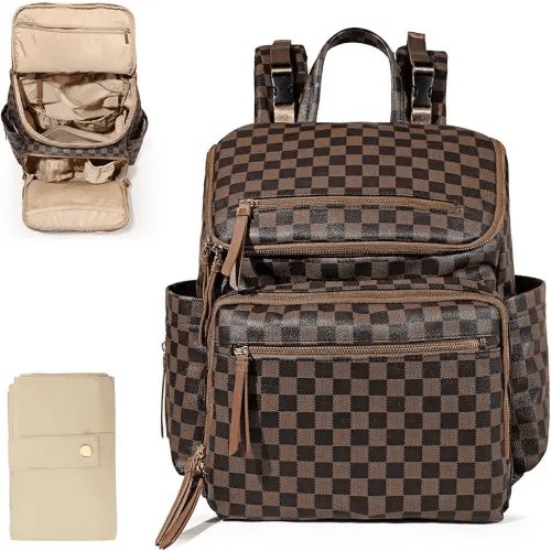 Omanmoli Checkered Diaper Bag Backpack Large Baby Diaper Bag Leather with 17 Diaper Bag Organizing Pouches,Changing Pad,Stroller Straps,4 Insulated Pockets, Coffee