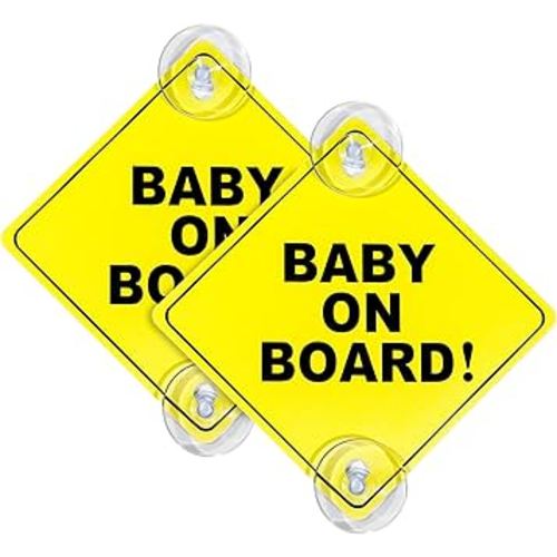 2 Pcs Baby On Board Sign for Car with Suction Cups,About 5"x5" Essential Safety Signs for Cars - Bright Yellow,Durable and Strong Suction Without Residue