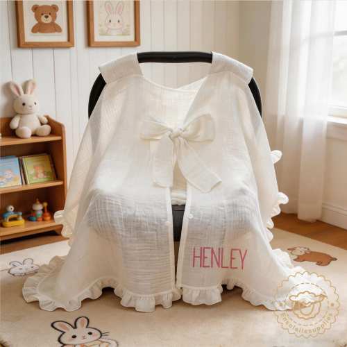 Baby Car Seat Canopy Cover,Custom Name Cotton Muslin Baby Stroller Cover with Ruffle ,Infant Stroller Sun Shade cover,Baby Shower Gift