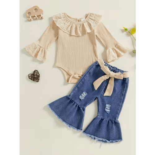 baby girls 2pcs outfits ruffle long sleeves romper ripped - Temu
