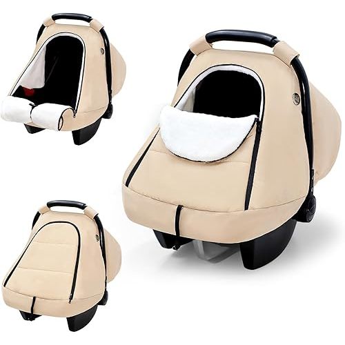SWESEN Winter Car Seat Covers for Babies, Cozy & Warm Cover, Infant Car Seat Canopy Water Resistant, Universal Cold Weather Shield, Beige