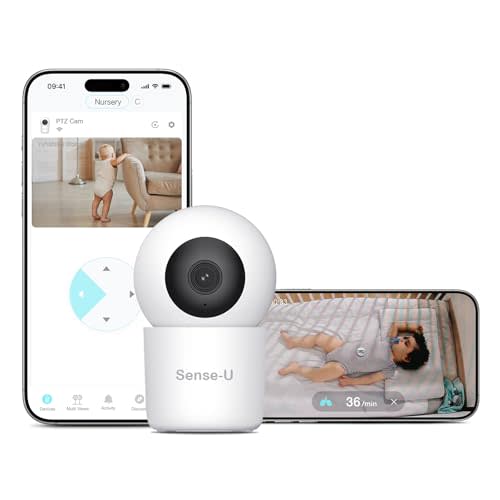 Sense-U AI 2.5K PTZ Baby Camera Monitor with Sensor-Free Sleep Breathing Movement Detection, Smart Security Indoor Video Camera with Background Audio, Cry Detection, No Monthly Fee, for Peace of Mind