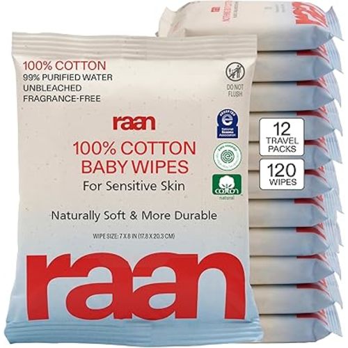 Raan, 100% Cotton TRAVEL PACK Baby & Toddler Wipes, Unbleached, 99% Purified Water, Unscented, EWG verified, Made for Sensitive Skin, Extra Soft and Durable, 12 PACK, 120 Count