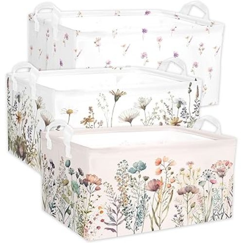 Wild Flowers Shelf Basket Floral Baby Shower Basket for Kids Girls Room Rectangle Clothes Toys Cube Storage Basket (Flowers)