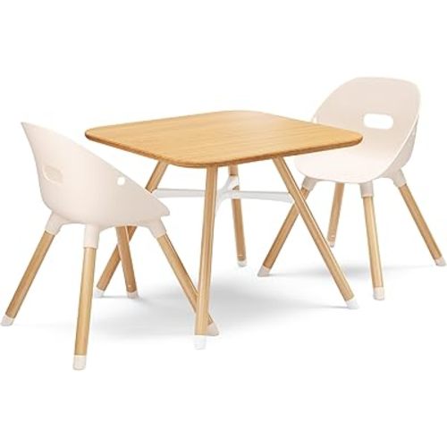 Lalo The Play Kit - Kids Table & Chairs Set with Sustainably Sourced Wood Table & 2 Non-Toxic Bucket Seat Chairs - Safe & Comfortable - Natural/Grapefruit