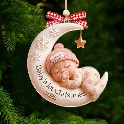Baby’s First Christmas Ornament – Custom 3D Moon Acrylic Keepsake, Personalized Newborn Gift, Unique Holiday Decoration, Baby Gift Idea