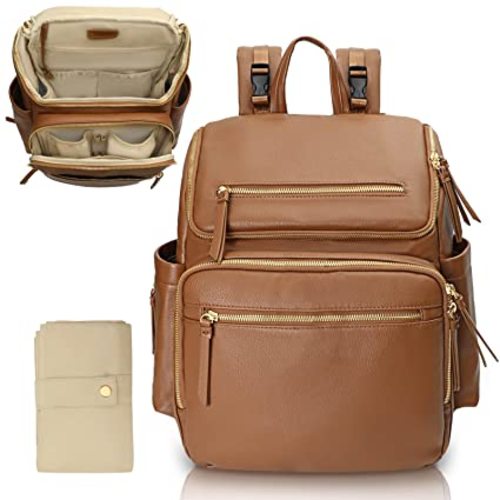 Omanmoli Diaper Bag Backpack Large Baby Diaper Bag Leather with 17 Diaper Bag Organizing Pouches,Changing Pad,Stroller Straps,4 Insulated Pockets,Brown