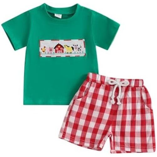 Toddler Baby Boy Summer Clothes Farm Animal Embroidery Short Sleeve T Shirt Top Plaid Shorts 2Pcs Casual Outfits Set