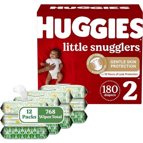 Huggies Little Snugglers Diapers & Wipes Bundle: Huggies Little Snugglers Size 2 Baby Diaper, 180ct & Huggies Natural Care Sensitive Wipes, Unscented, 12 Packs (768 Wipes Total) (Packaging May Vary) - Size 2 (180 count) + Wipes