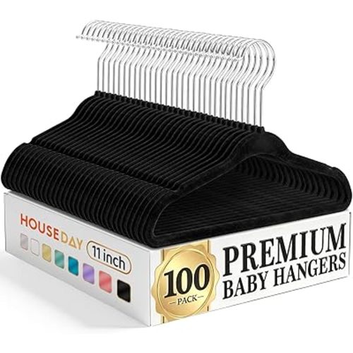 HOUSE DAY 11 Inch Velvet Baby Hangers 100 Pack Black, Premium Kids Hangers for Children, Infant & Toddler Clothes, Durable Non Slip Small Baby Felt Hanger for Closet, Ideal for Everyday Use