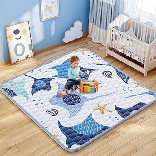 omzer Baby Play Mat 50x50inch - Thick & Soft Baby Crawling Mats for Floor - Machine Washable Cushioned for Playpen - Non-Slip Playmats for Babies Toddlers Tummy Time Indoor&Outdoor, Blue