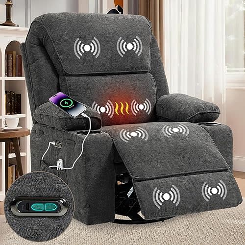 Recliner Chair Power Control, Living Room Nursery Rocking Chair and Glider, Massage Swivel Reclining Furniture for Small Spaces, Bedroom, RVS, Lounge Sofa Chairs with USB & Type C Ports, Dark Gray