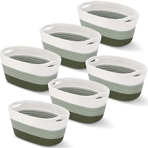 Sawysine 6 Pcs Storage Baskets Bulk for Organizing Cotton Rope Woven Basket with Handles for Gift Cloth Shelves Blanket Toys Living Room Bathroom(Green and White)
