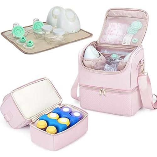 Fasrom Breast Pump Bag with Cooler Compartment Compatible with Elvie and Medela Pump, Wearable Pumping Tote with Crossbody Strap and Waterproof Mat for Work Moms, Pink(Empty Bag Only)