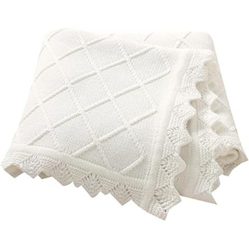 Hadetoto Cotton Baby Blanket for Boys Girls, Cable Knit Receiving Blanket, Soft Breathable Swaddling Wrap for Unisex Newborn (White)