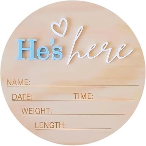 Baby Birth Announcement Sign, ​5.9 Inch Wooden He's Here Newborn Gender Reveal Signs Decoration, Acrylic Hospital Birth Announcement Sign, Newborn Photo Shoot Props,Welcome Newborn Arrival To World