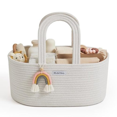 Blissful Diary Baby Diaper Caddy Organizer, Cotton Rope Diaper Caddy Basket, Oval Storage Basket, Gift for Baby Shower, Newborn Essentials, Beige