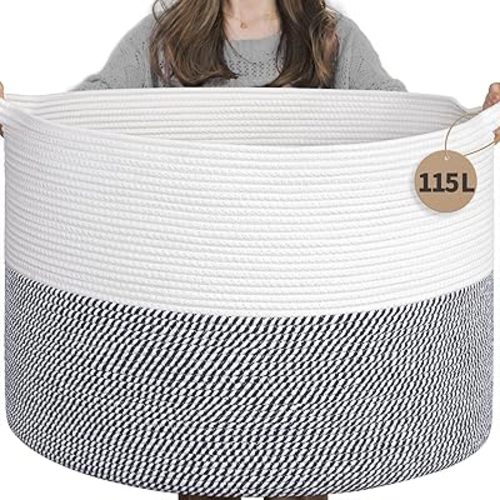 INDRESSME 115L Extra Large Cotton Rope Basket, Blanket Basket for Home Decor Living Room Nursery, Toy Storage Baskets for Kids Boys Girls, White & Navy