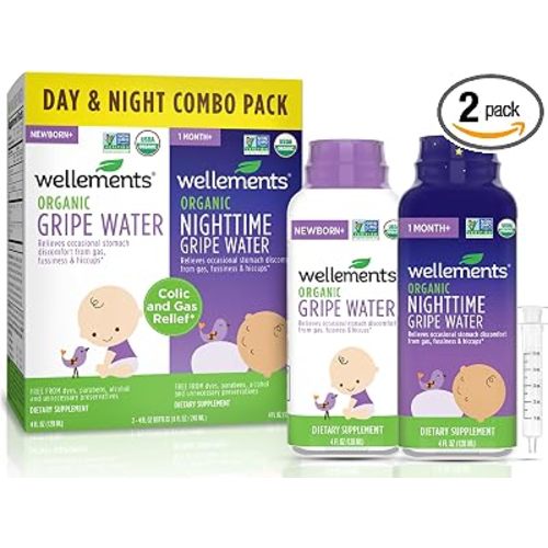 Wellements Organic Gripe Water for Babies Day & Night Combo Pack (4 Fl Oz) - Infant Gripe Water Newborn Calms Occasional Stomach Discomfort from Baby Gas, Colic, Hiccups & Fussiness - USDA Certified